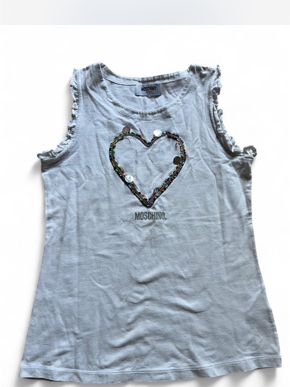 Moschino Light Blue Tank Top with Multicolor Sequin Heart